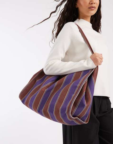 ASOS DESIGN - Maxi borsa in tela marrone e viola a righe con manico tubolare - view 1