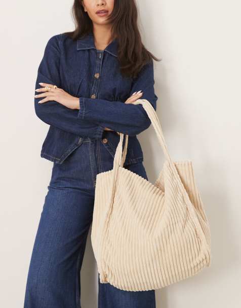 ASOS DESIGN - Maxi borsa in velluto a coste ampie color crema - view 1