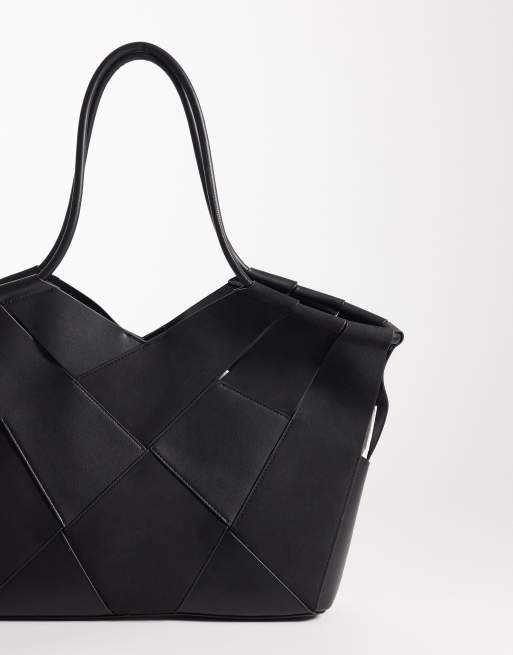 ASOS DESIGN - Maxi borsa nera in camoscio sintetico e pelle sintetica intrecciata, 3 di 4
