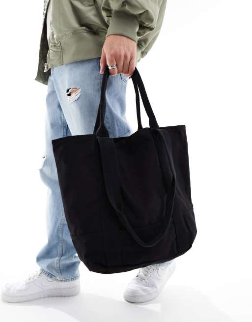 ASOS DESIGN - Maxi borsa oversize in cotone pesante nera con manico corto e lungo