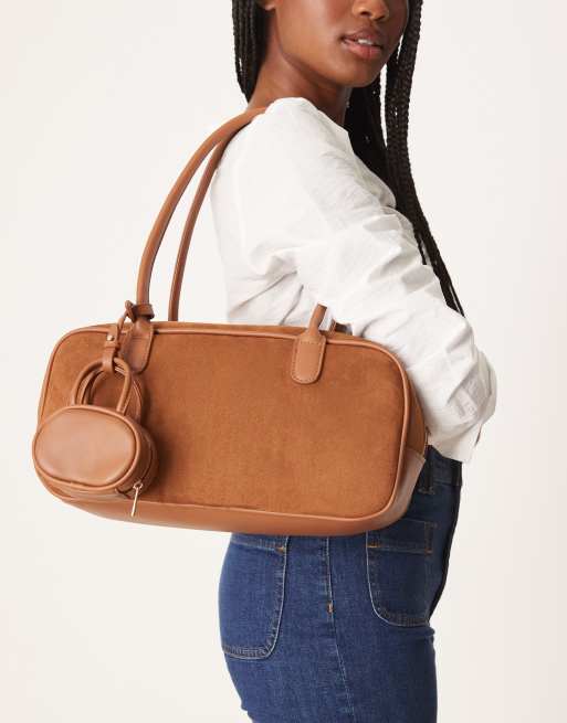 ASOS DESIGN - Maxi borsa stile bowling in camoscio sintetico color cuoio con borsa bowling piccola
