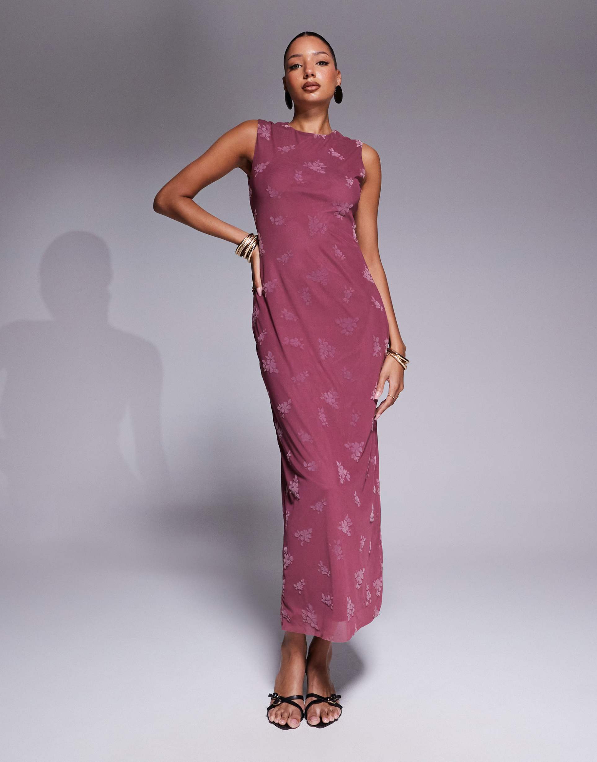 asos design maxi burn out floral grown on neck column dress in dusky pink