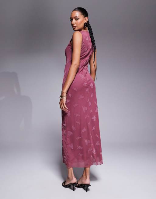 ASOS DESIGN maxi burn out floral grown on neck column dress in dusky pink, 3 of 4