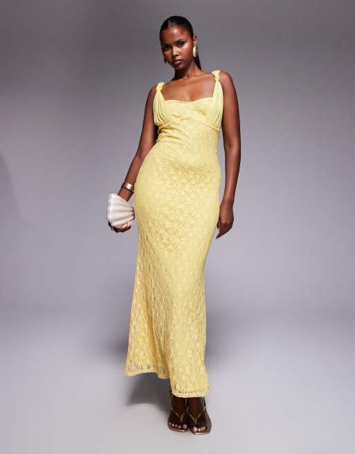 ASOS DESIGN - Maxi cami jurk met kant en ruches in geel, 2 van 4