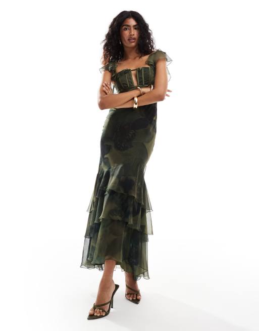 ASOS DESIGN - Maxi cami-jurk met korsetbuste, ruches en bloemenprint in groen, 2 van 4