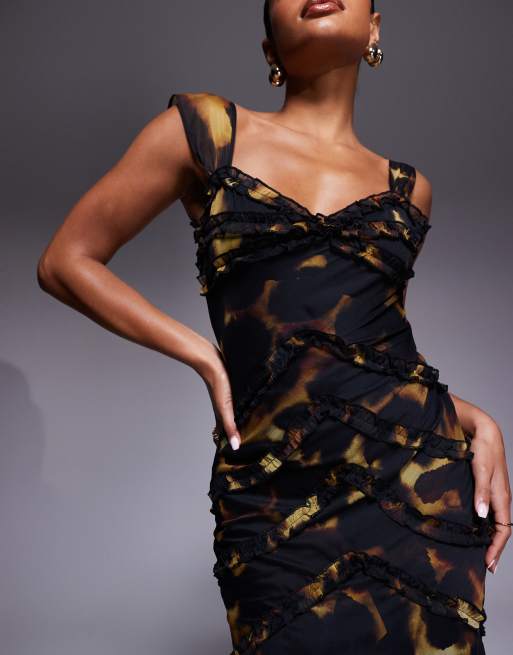 ASOS DESIGN - Maxi cami-jurk met ruches in donkere vervaagde luipaardprint, 3 van 4