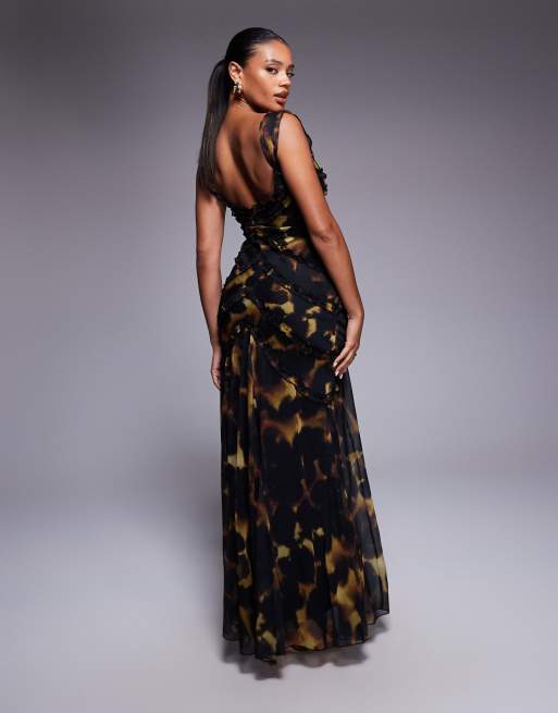 ASOS DESIGN - Maxi cami-jurk met ruches in donkere vervaagde luipaardprint, 4 van 4