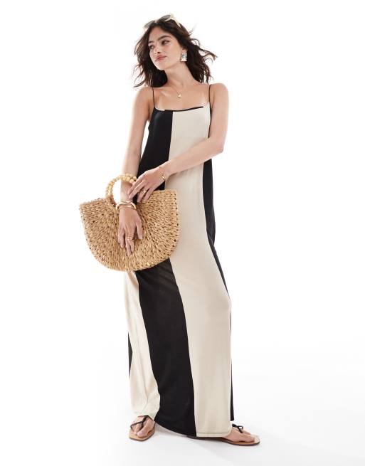 ASOS DESIGN - Maxi cami-jurk met strepen, bandjes en zijsplit in zwart-wit