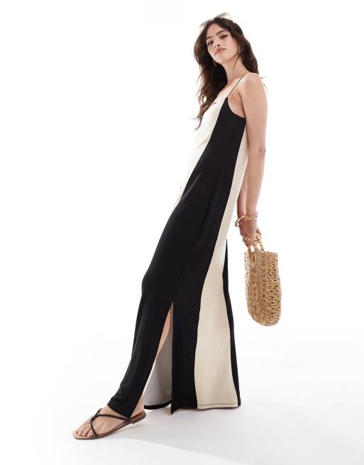 ASOS DESIGN - Maxi cami-jurk met strepen, bandjes en zijsplit in zwart-wit, 2 van 4