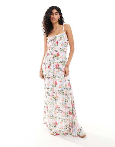 ASOS DESIGN - Maxi cami-jurk met vierkante hals, gesmokt lijfje en Hawaiiaanse print - view 1