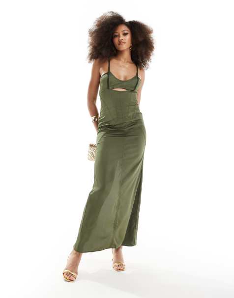 ASOS DESIGN - Maxi cami-jurk met zichtbare stiksels in kaki - view 1