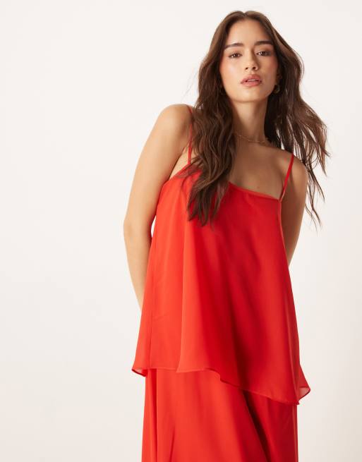 ASOS DESIGN - Maxi cami jurk van chiffon met ruches aan de zoom in tomatenrood, 2 van 4