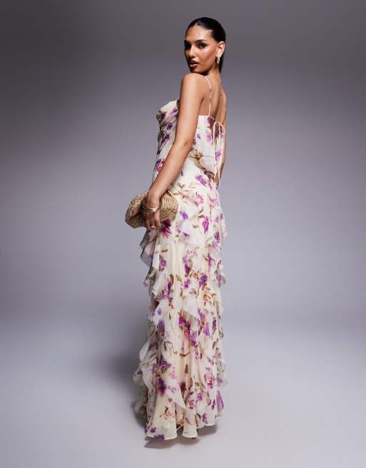 ASOS DESIGN - Maxi cami jurk van chiffon met versiering, ruches en bloemenprint in ivoorwit, 2 van 4