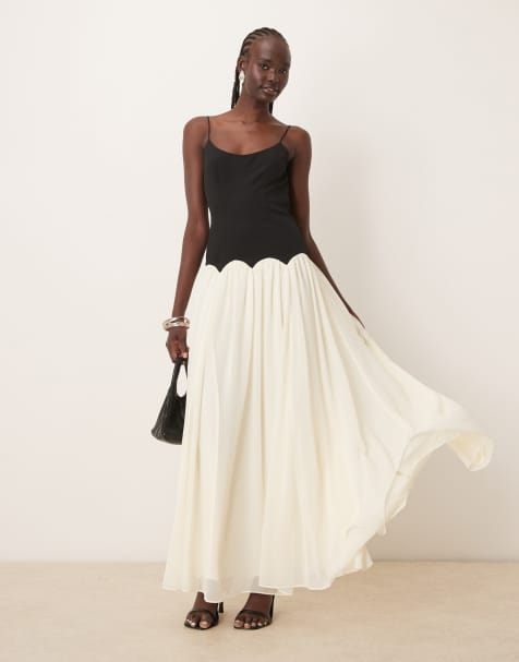 ASOS DESIGN - Maxi cami-jurk van gemengde stof met verlaagde taille en kleurvlakken in zwart-wit - view 1