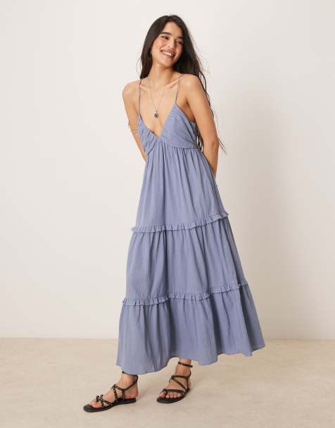 ASOS DESIGN - Maxi cami-jurk van kreukelstof in boyfriend blauw - view 1