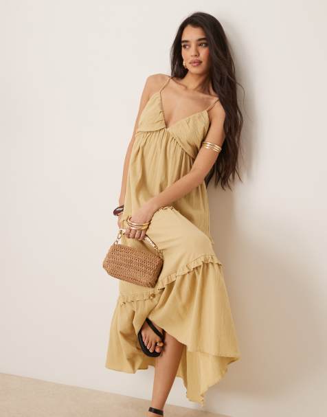 ASOS DESIGN - Maxi cami-jurk van kreukelstof in gouden stro - view 1