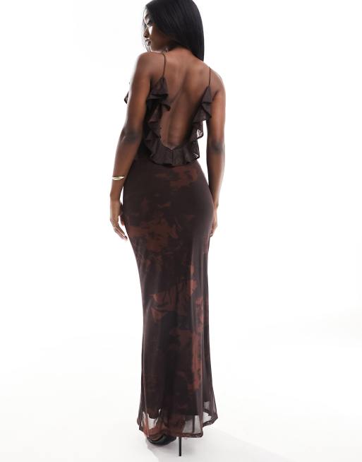 ASOS DESIGN - Maxi cami-jurk van mesh met ruches achter en marmerprint in bruin