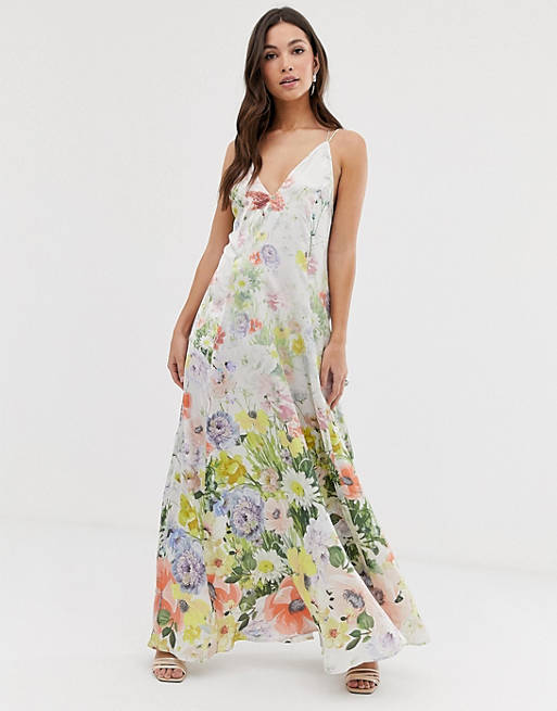 ASOS DESIGN maxi cami satin trapeze dress in meadow floral print | ASOS