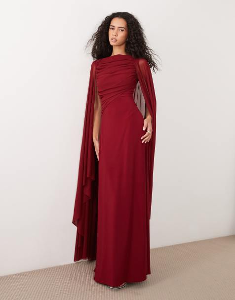 ASOS DESIGN maxi cape mesh dress with draped bodice detail in burgundy