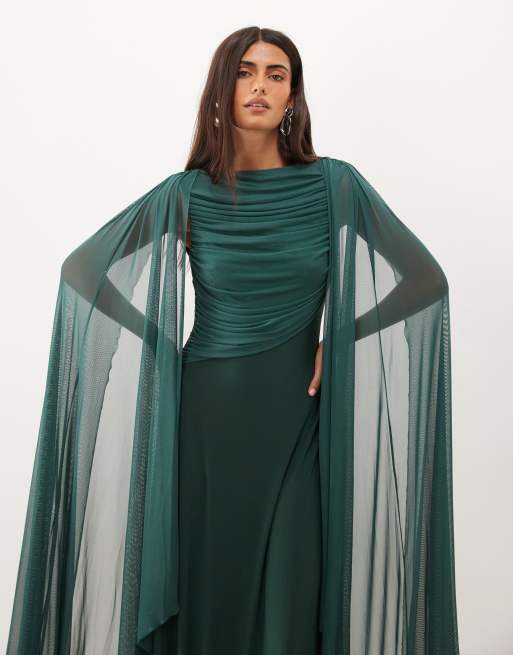 ASOS DESIGN maxi cape mesh dress with draped bodice detail in emerald, 2 of 4