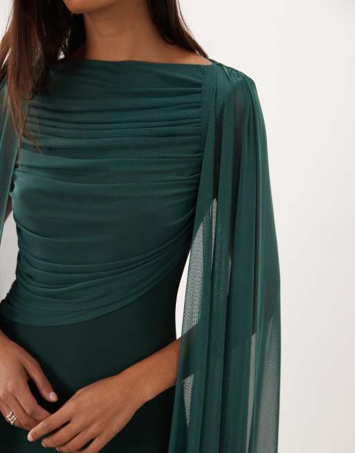 ASOS DESIGN maxi cape mesh dress with draped bodice detail in emerald, 3 of 4
