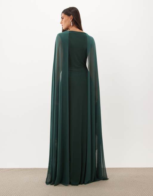 ASOS DESIGN maxi cape mesh dress with draped bodice detail in emerald, 4 of 4