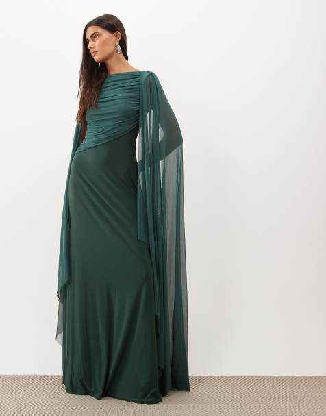 ASOS DESIGN maxi cape mesh-kjole med draperet detalje ved overdel i smaragdgrøn - view 1