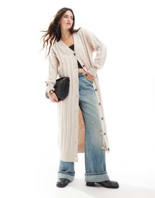 Asos Design Maxi Cardigan In Cable Knit In Cream-white