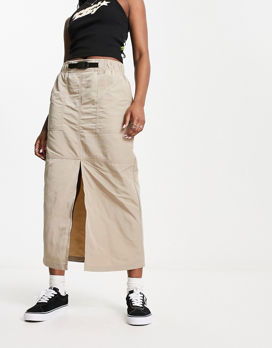 Asos Design Maxi Cargo Skirt With Belt Detail In Techy Fabric In Stone-neutral