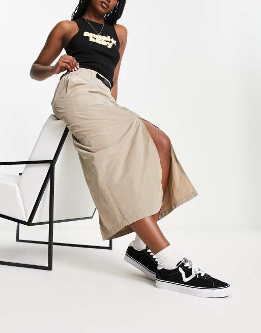 ASOS DESIGN maxi cargo skirt with belt detail in techy fabric in stone