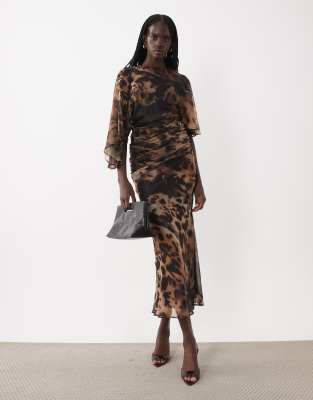 Asos Design Maxi Chiffon Dress With Asym Sleeves In Multi
