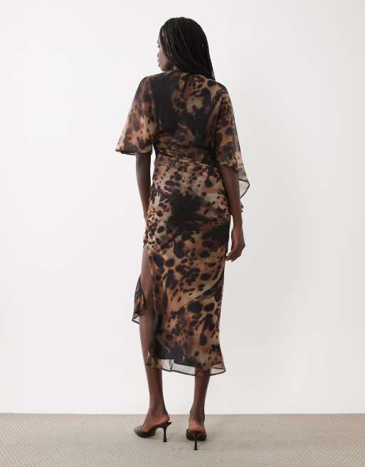 ASOS DESIGN maxi chiffon dress with asym sleeves in dark animal print, 3 of 4
