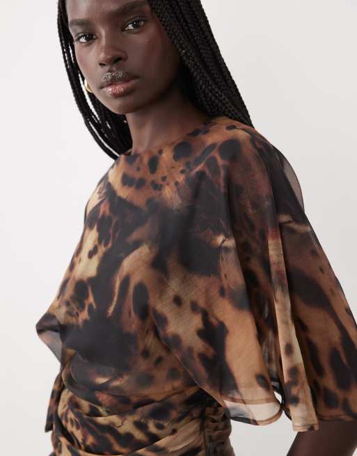 ASOS DESIGN maxi chiffon dress with asym sleeves in dark animal print, 4 of 4