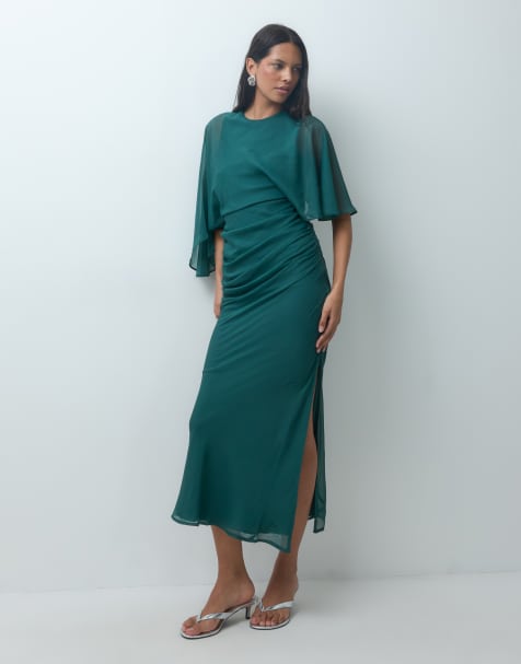 ASOS DESIGN maxi chiffon dress with asym sleeves in dark green - view 1