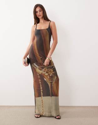 ASOS DESIGN - Maxi-Cocktailkleid aus gemustertem Netzstoff-Bunt