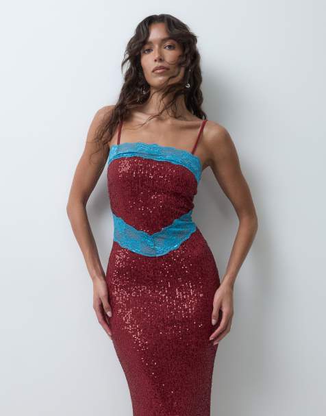 ASOS DESIGN maxi de lentejuelas con paneles de encaje en contraste en burdeos - view 1