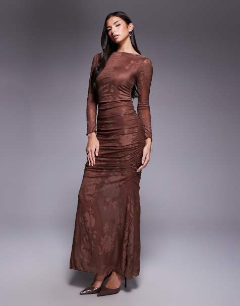 ASOS DESIGN - Maxi devoré jurk met lange mouwen en rimpels in chocoladebruin - view 1