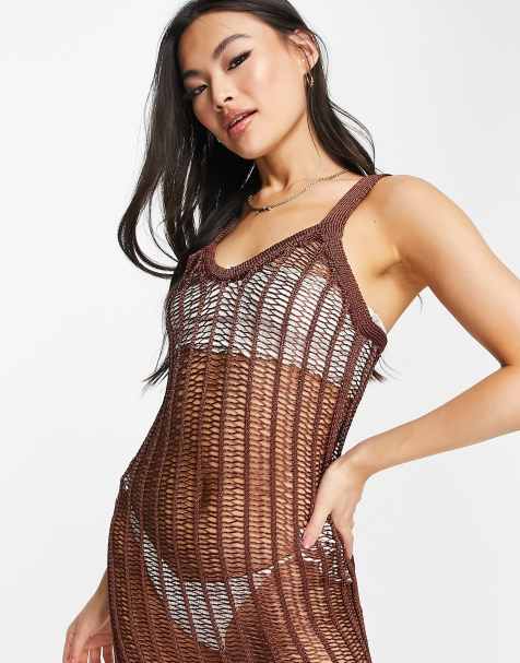 ASOS DESIGN maxi dress in beach open ladder stitch in brown - view 1
