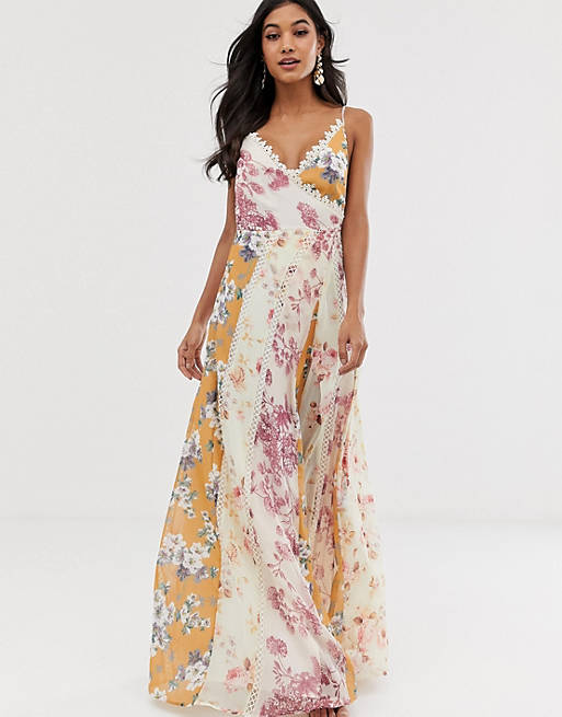 ASOS DESIGN maxi dress in mixed floral prints with cross over neck and ...