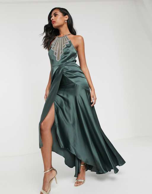 Embellished Satin Long Dress