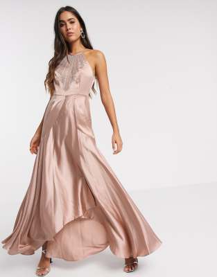 ASOS DESIGN MAXI DRESS IN SATIN WITH EMBELLISHED NECK IN ROSE GOLD-NEUTRAL GOD1663