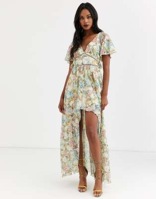 asos design dipped hem maxi dress with 3d embellishment and ruffle sleeve