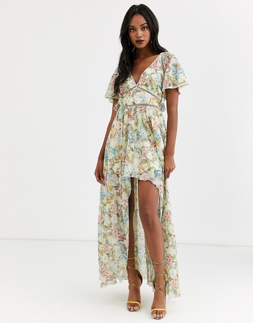 ASOS DESIGN maxi dress in trophy floral print and ladder lace trims