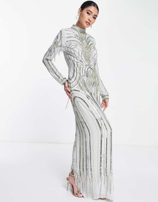 Asos design maxi dress in outlet delicate linear sequin with long sleeves