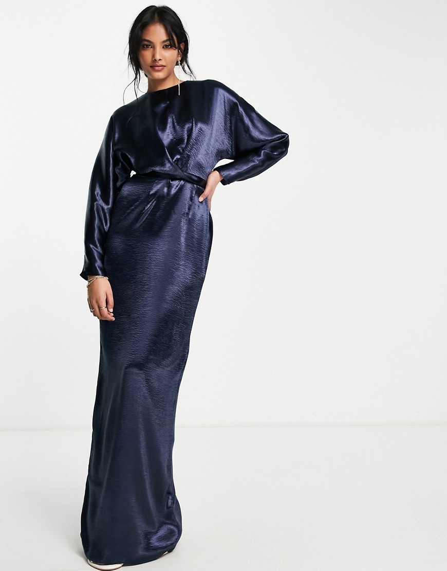 ASOS DESIGN maxi dress with batwing sleeve and wrap waist in navy satin