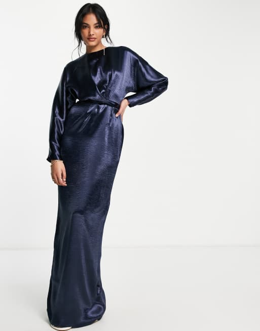 ASOS DESIGN maxi dress with batwing sleeve and wrap waist in navy satin ...