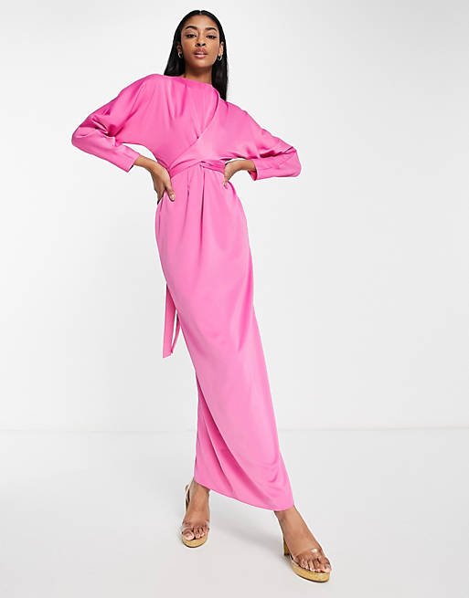 ASOS DESIGN maxi dress with batwing sleeve and wrap waist in satin in bright pink