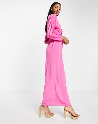 ASOS DESIGN maxi dress with batwing sleeve and wrap waist in satin in  bright pink