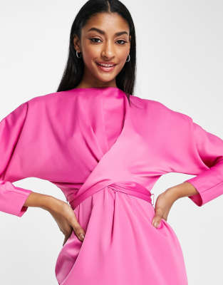 ASOS DESIGN maxi dress with batwing sleeve and wrap waist in satin in  bright pink