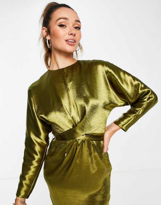 ASOS DESIGN maxi dress with batwing sleeve and wrap waist in satin in olive